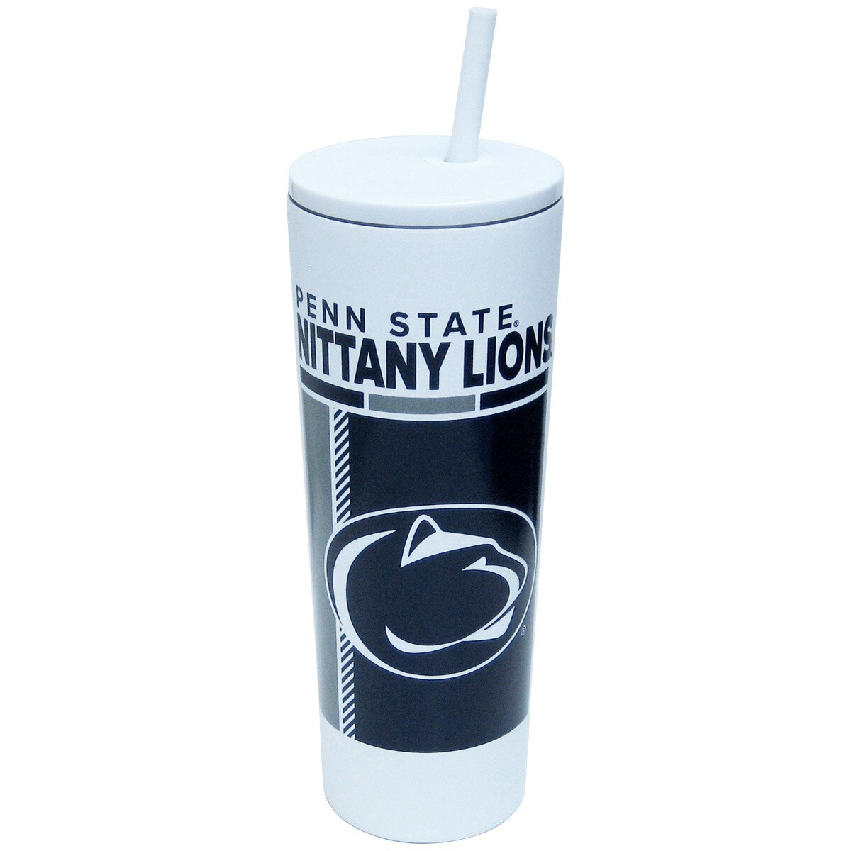 white tumbler with straw and lid, Penn State Nittany Lions